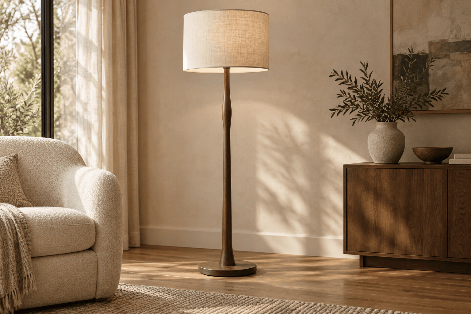 Linen-shade floor lamp beside an armchair